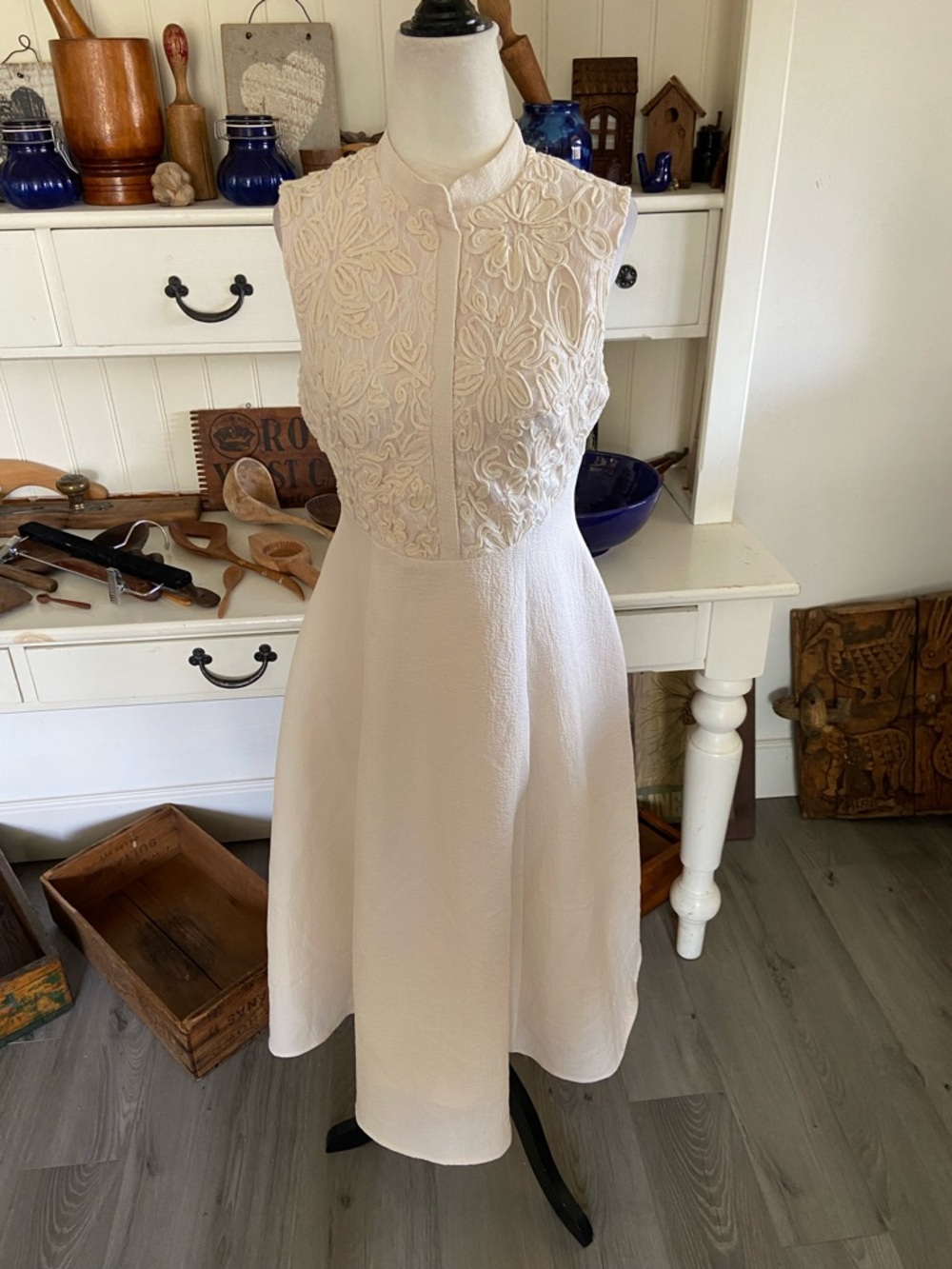 OLV Cream Sleeveless Midi Dress with Floral Appliqué